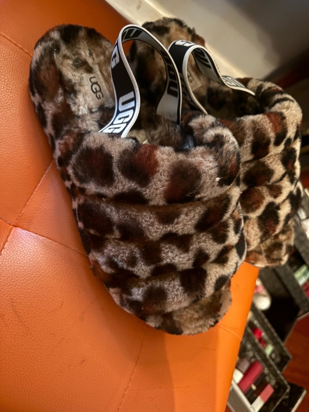 UGG Leopard Faux Fur Logo Strap Slide Sandals - Brown Black